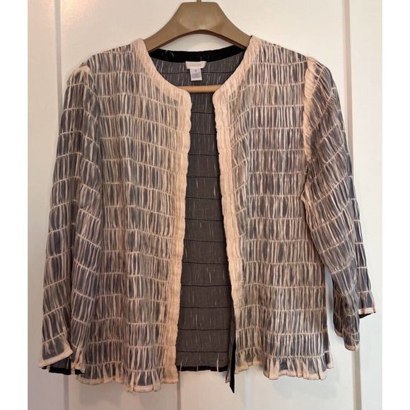 Chicos Womens Open Front Cardigan Jacket Blue Ivory Waist Length Pintucked 1 - Picture 1 of 7